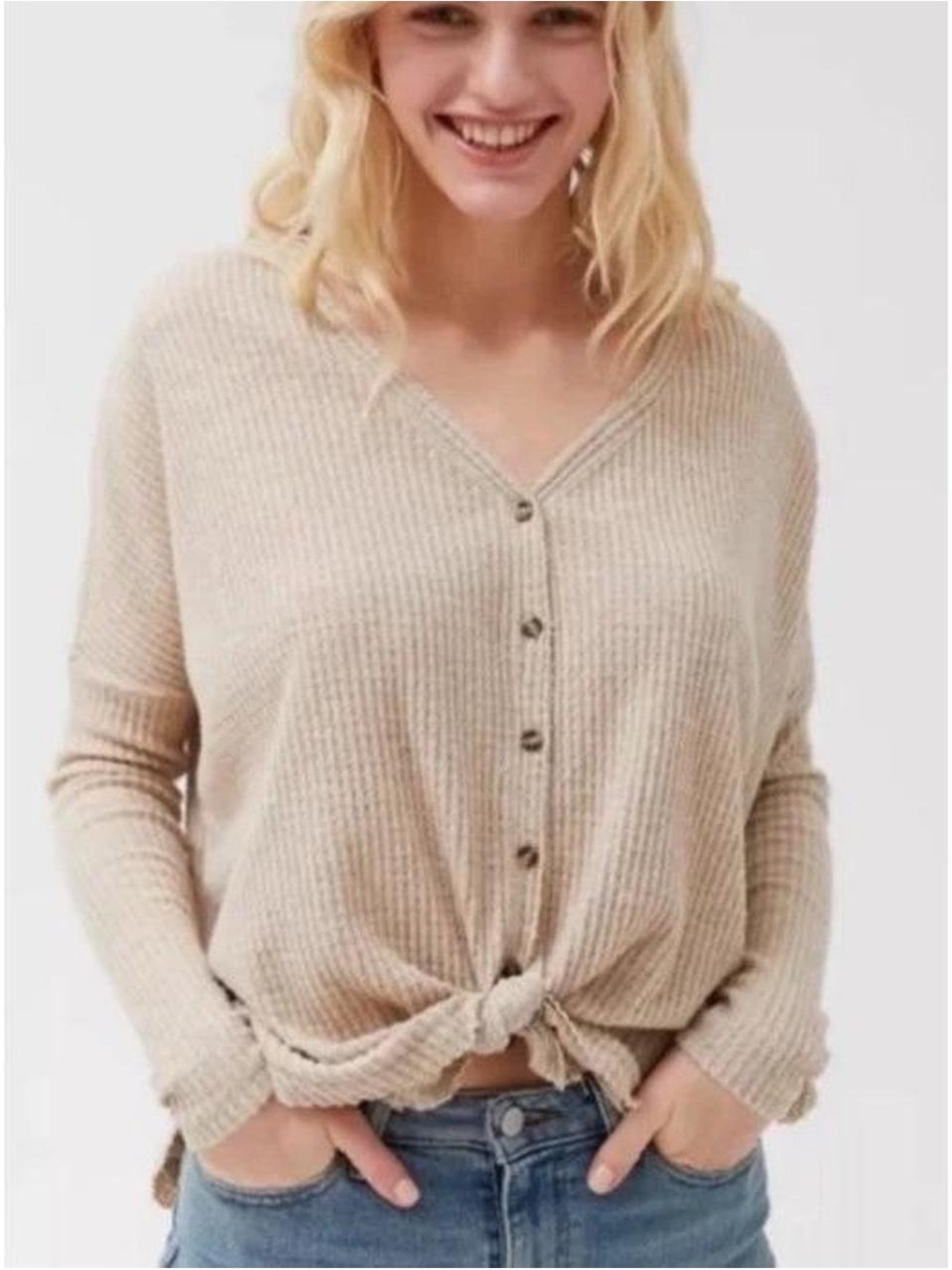 Urban Outfitters Beige Button-Front V-Neck Sweater Top